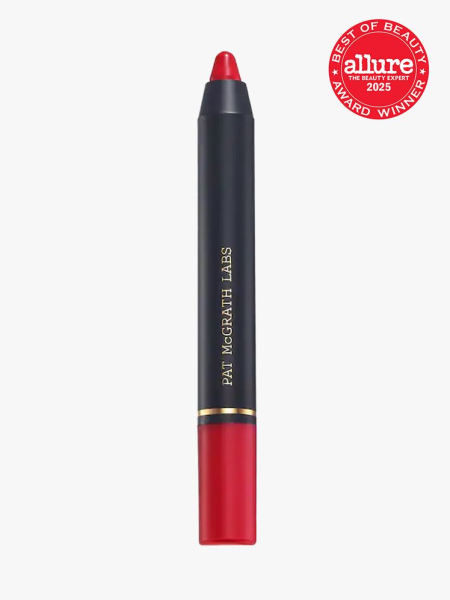 Pat McGrath Labs Dramatique Mega Lip Pencil in branded component on a light gray background with 2025 best of beauty seal in the top right corner